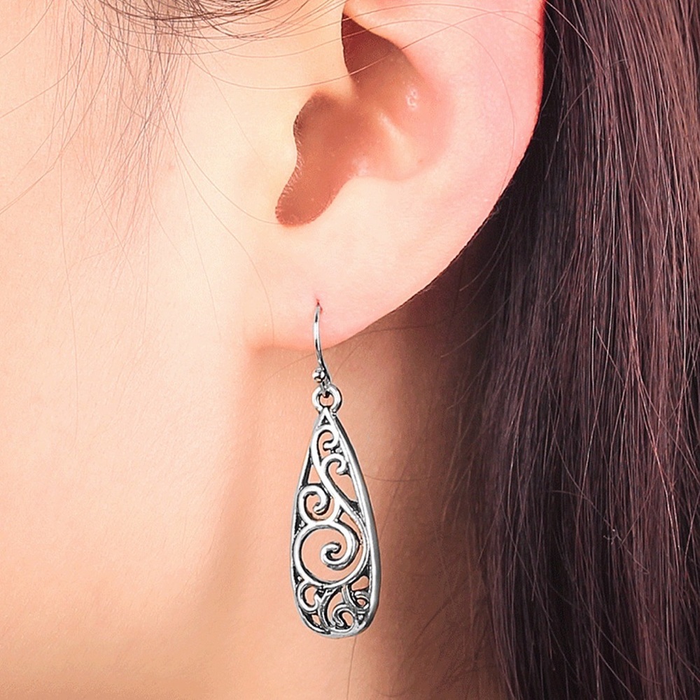 Silver Openwork Teardrop Boho Earrings - Picture 5 of 7